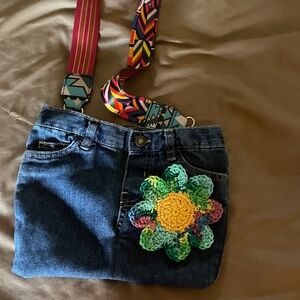 Handcrafted Denim Bag with Colorful Geometric guitar Strap 8x10 fully lined